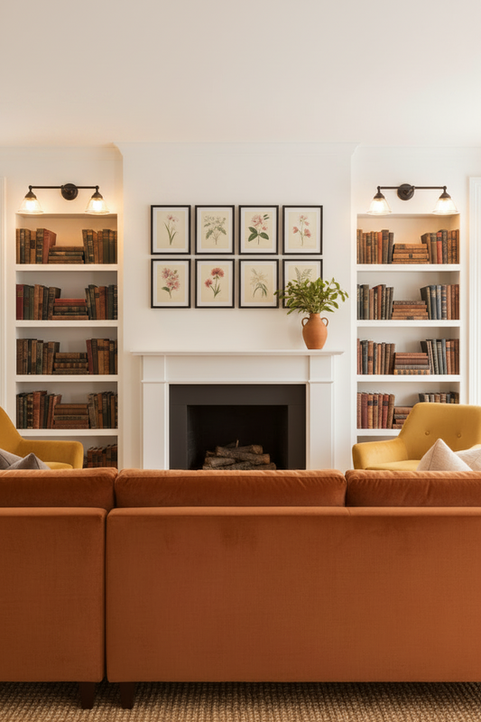 A modern living room featuring a large rust-orange velvet sectional sofa. Built-in bookshelves filled with books and double sconce wall lights above