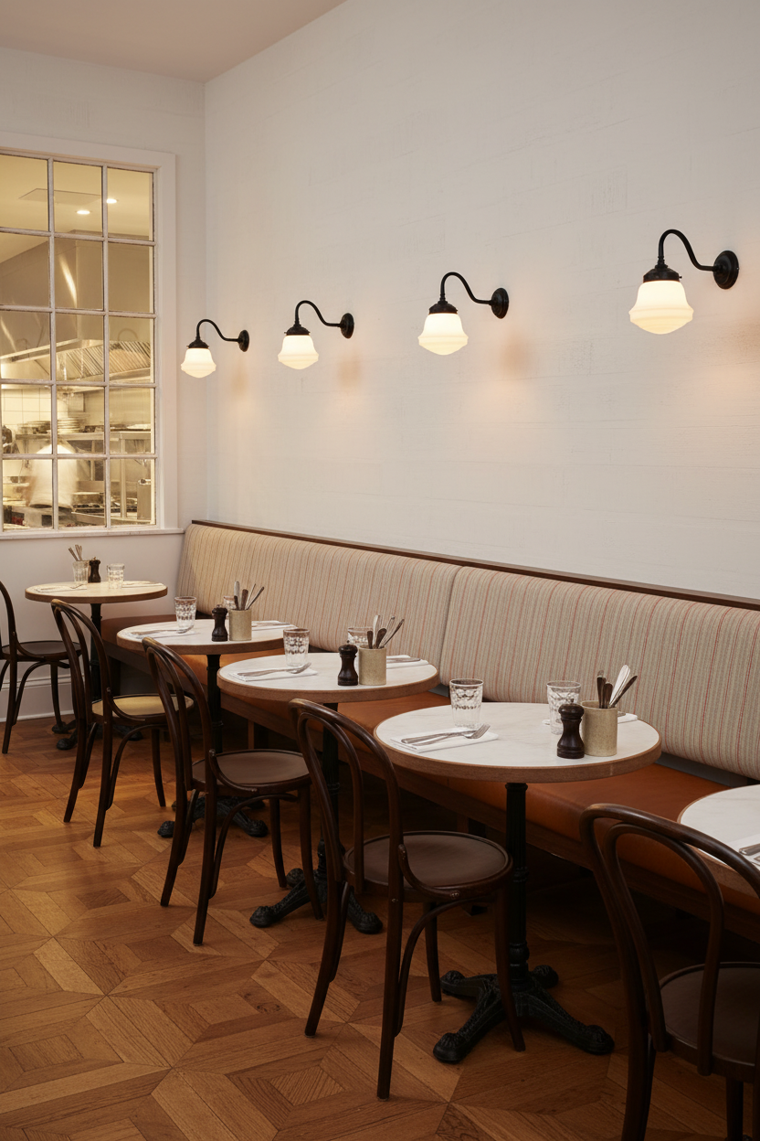 A warm, modern restaurant interior featuring a long upholstered banquette, round white tables with black bases, dark wood chairs, and black wall lights in a row a soft glow on the white wall.
