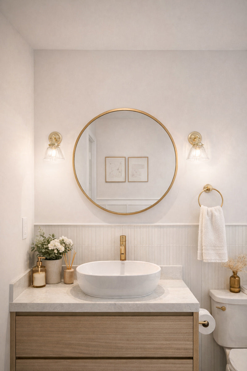 Two gold/brass wall lights with clear glass detailed shades either side of a rounf mirror in a bathroom. 