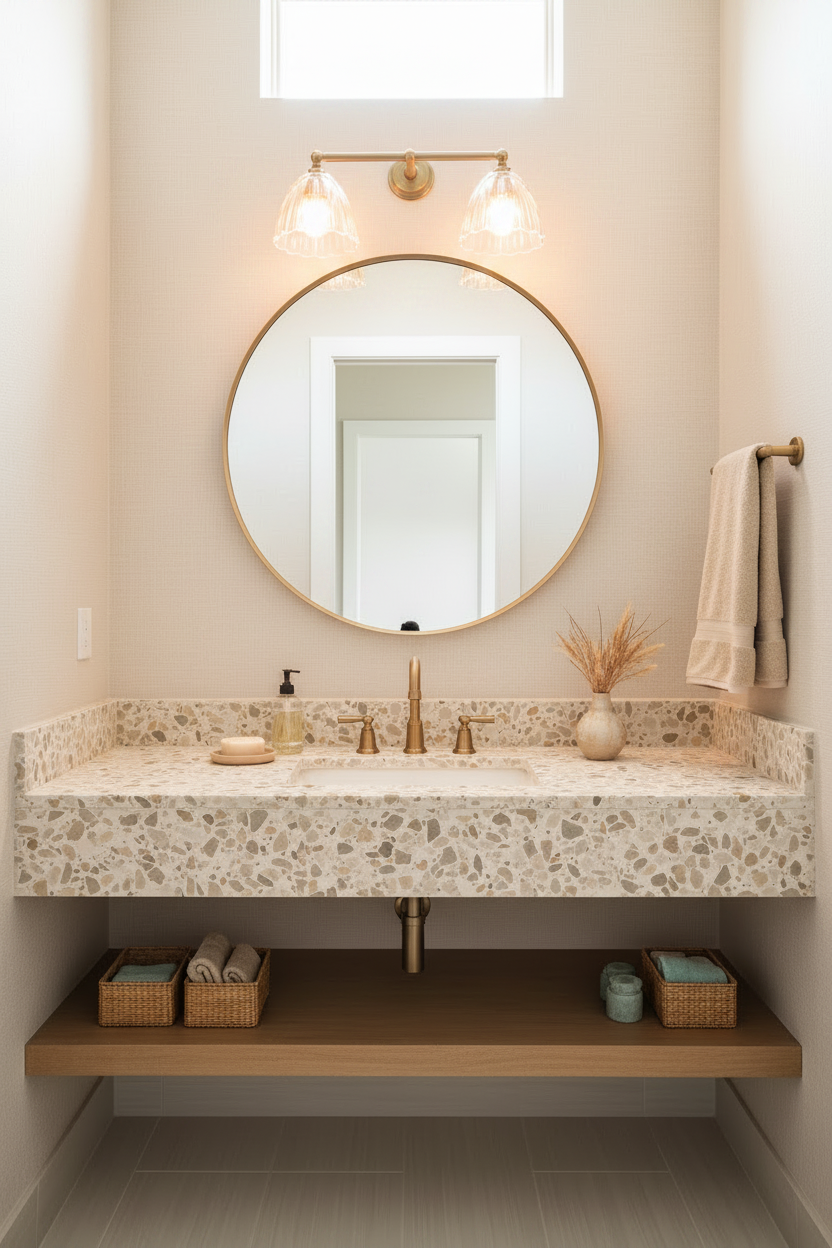 double arm glass wall light in bathroom vanity with terrazzo countertop