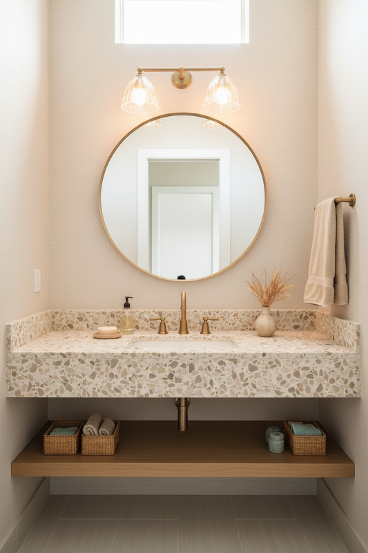 double arm glass wall light in bathroom vanity with terrazzo countertop