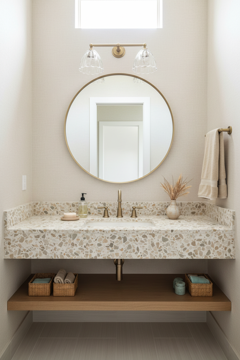 double arm glass wall light in bathroom vanity with terrazzo countertop