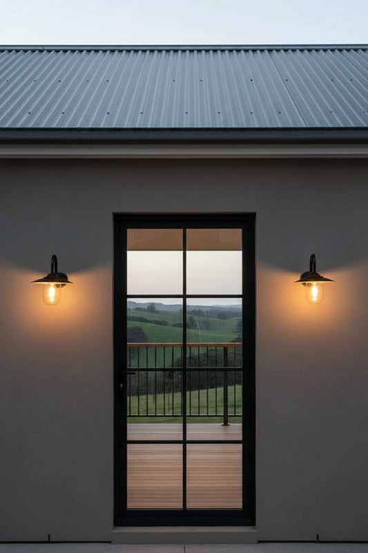 Farmhouse exterior wall with 2 Porcelain enamel glossy black shades on a gooseneck arm