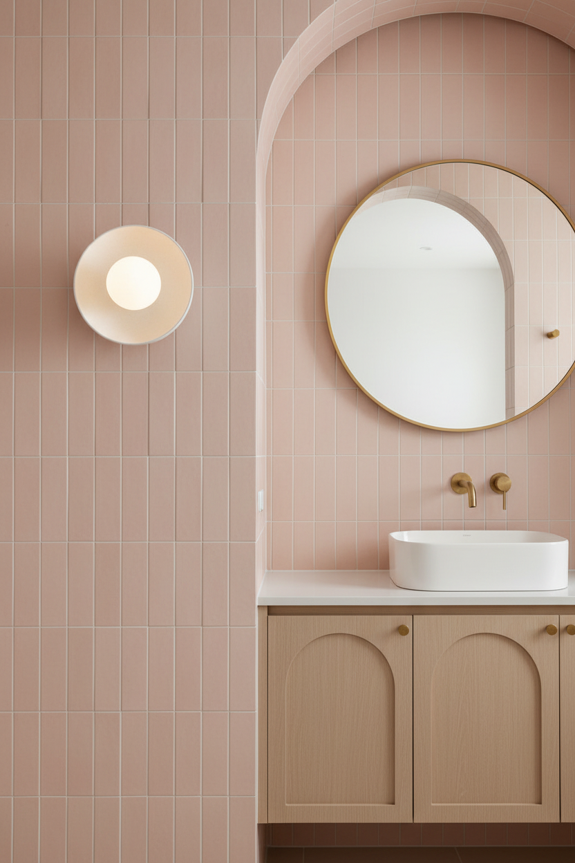 Bathroom interior with ceramic dish wall light, pink tiled walls, a round mirror, and a sink.