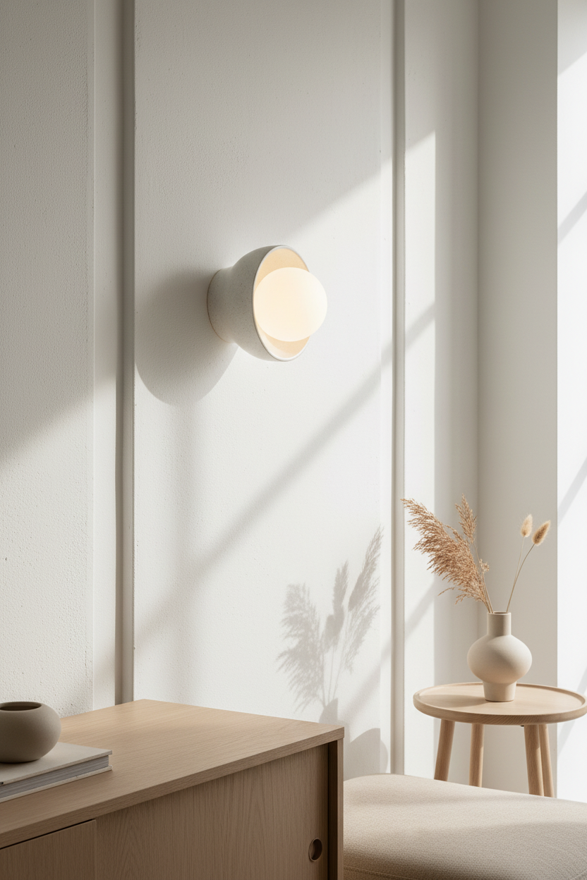 Modern ceramic bowl wall light in a minimalistic room with light-colored walls and decor