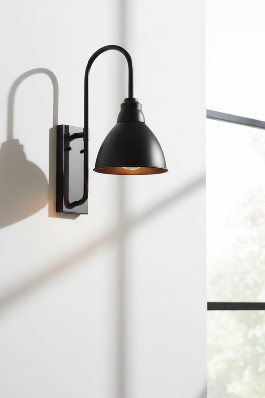 Black wall-mounted lamp on a white wall with a window in the background