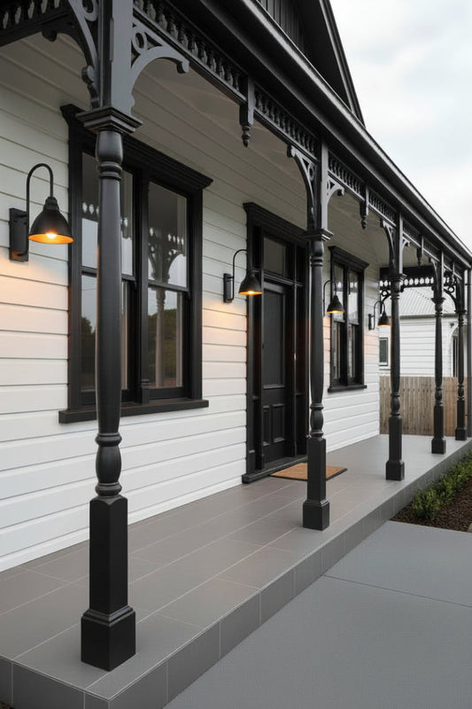outdoor gooseneck wall lights on a classic Victorian-era cottage