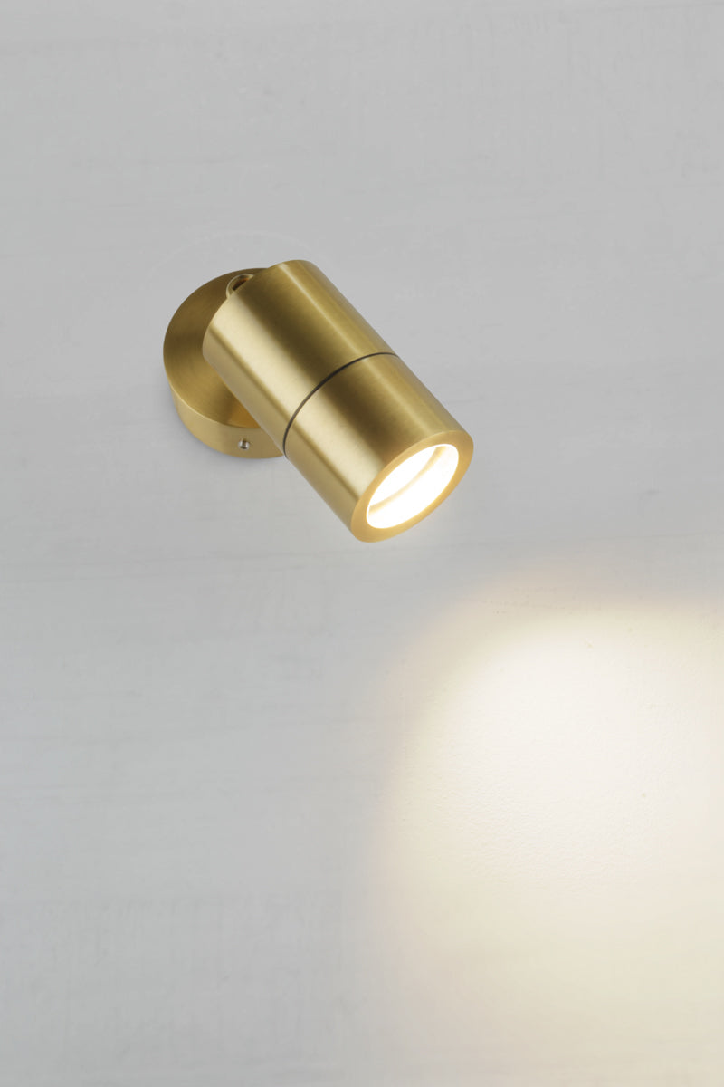 Angled view of the brass outdoor spot light