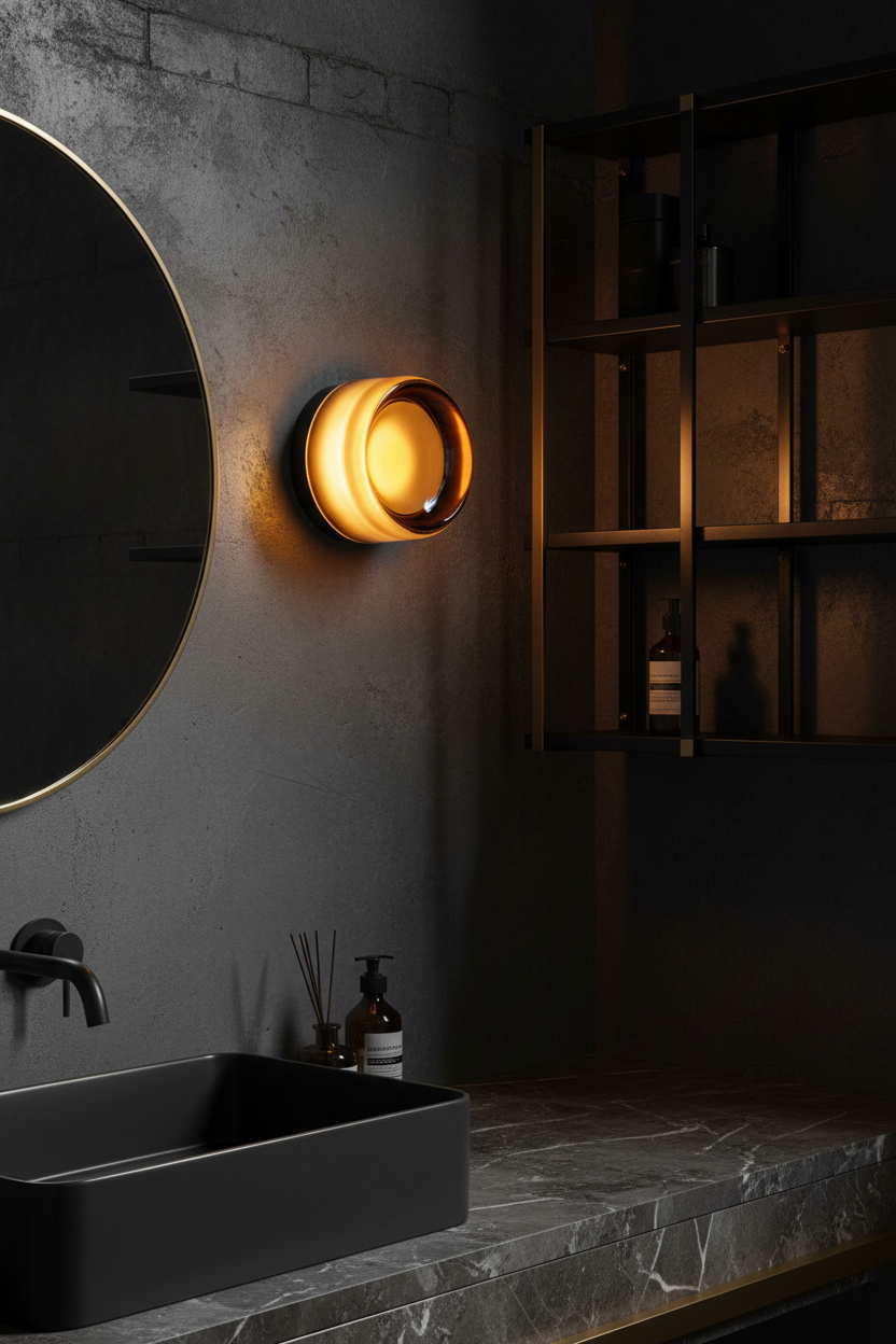Modern powder room with dark fixtures, a round mirror, and a wall-mounted amber glass light fixture.