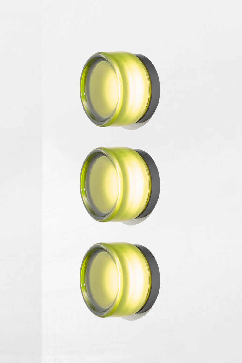 Side profile of triple green Laval Dimple Glass LED Wall Sconce configuration highlighting textured dimple glass and integrated LED glow.