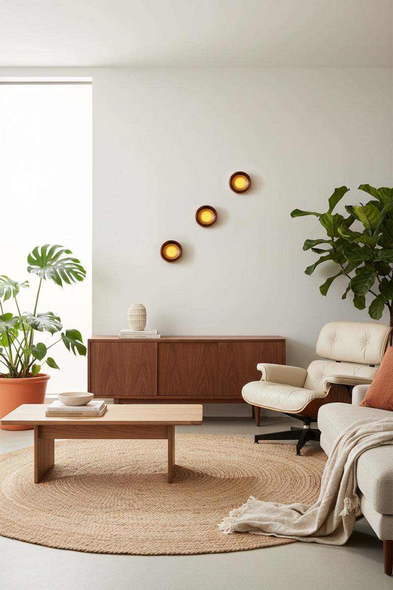  1 of each of the amber light finishes in a contemporaru mid-century space. 