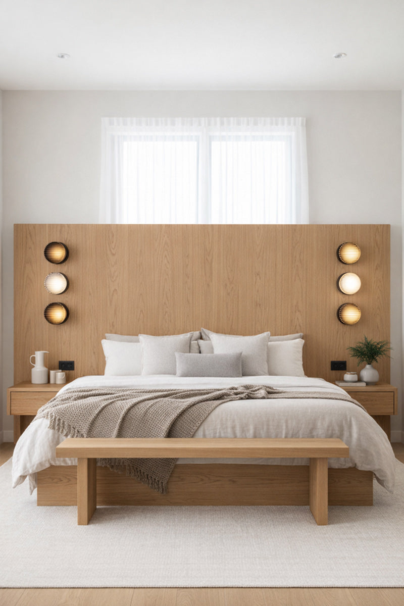Modern bedroom with wooden headboard and bench, 3 wall lights on either side of bed

