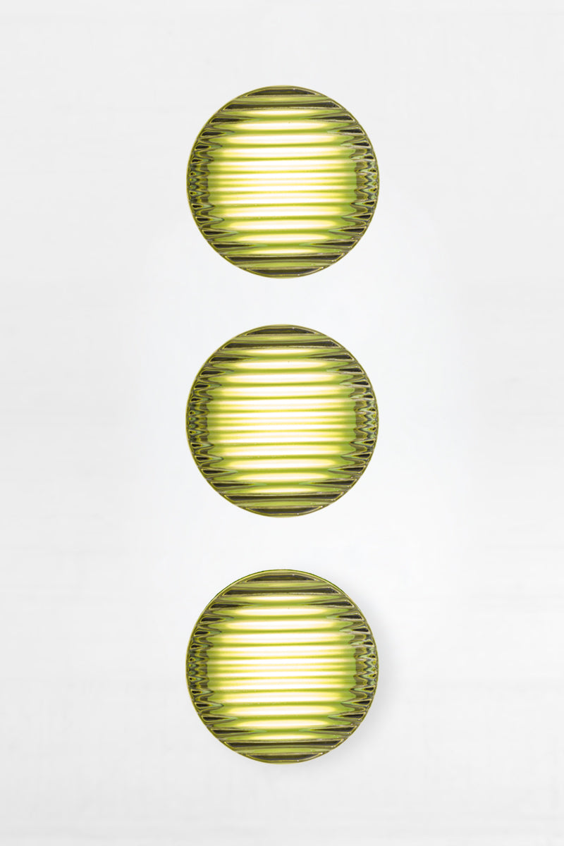 Triple green Laval Dimple Glass LED Wall Sconce side angle image showcasing ribbed glass texture and integrated warm LED illumination.