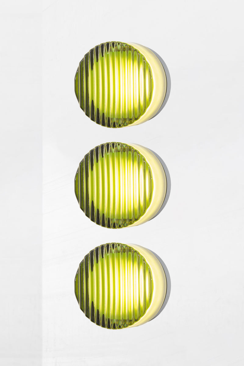 Triple green Laval Dimple Glass LED Wall Sconce bundle with illuminated green ribbed glass shades in a vertical modern wall light arrangement.