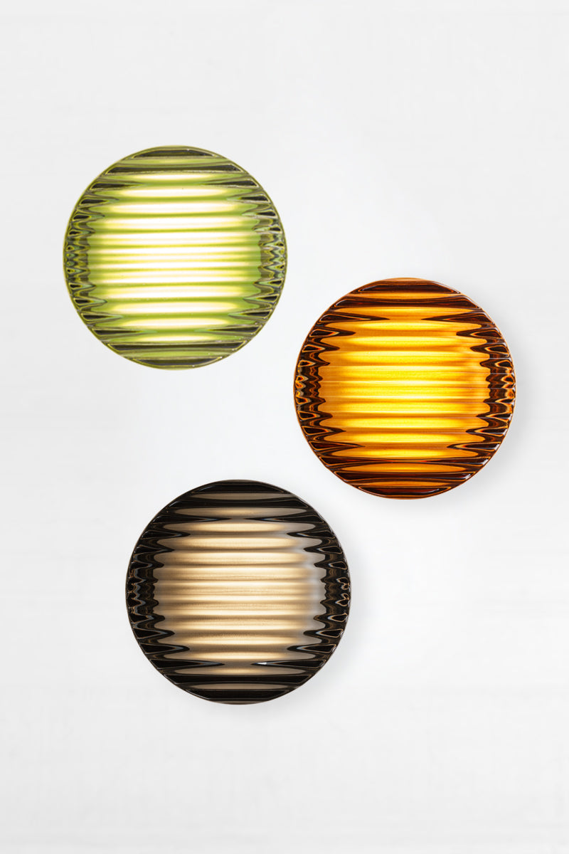 Mixed finish Laval Dimple Glass LED Wall Sconce bundle featuring smoked grey, green and amber ribbed glass shades with integrated LED lighting.