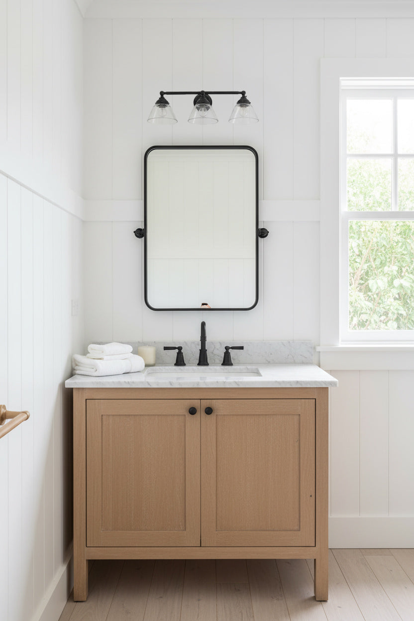 Triple lamp wall sconce in black with clear shades over a mirror in a classic bathroom. 