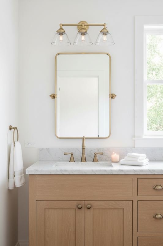 Triple lamp wall sconce in gold/brass with clear shades over a mirror in a classic bathroom. 