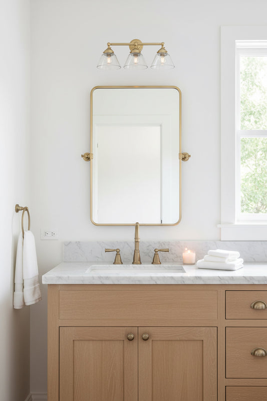 Triple lamp wall sconce in gold/brass with clear shades over a mirror in a classic bathroom. 