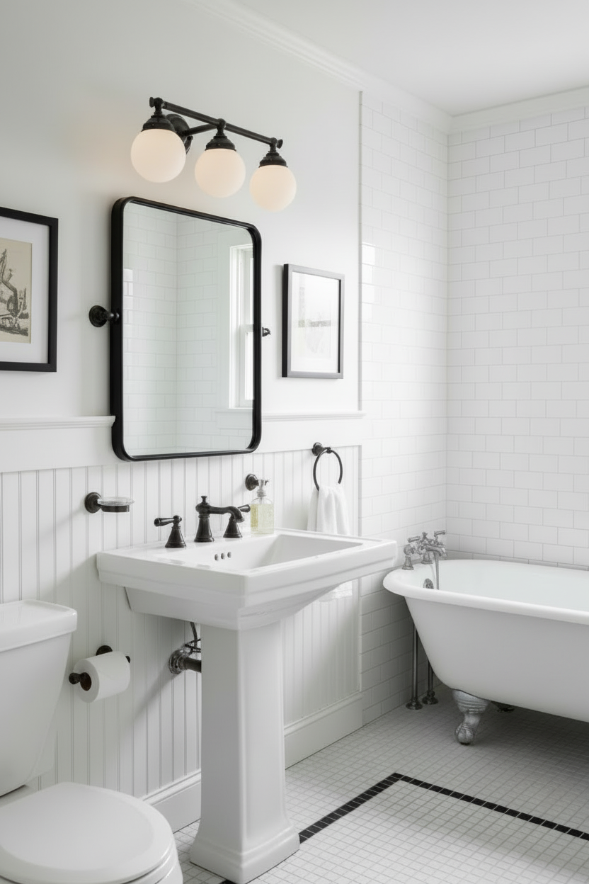 Vntage style bathroom with white fixtures, a freestanding bathtub, and a mirror with three lighting fixture over it.