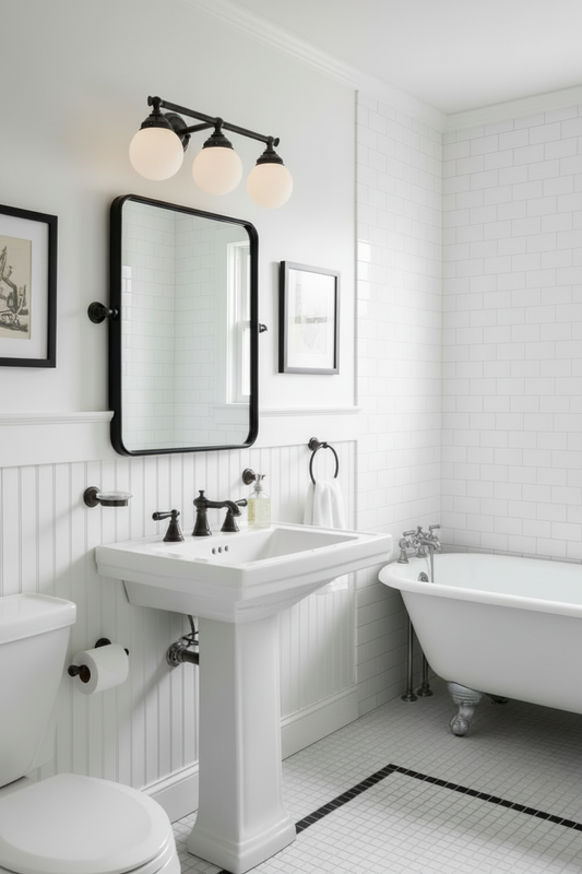 Vntage style bathroom with white fixtures, a freestanding bathtub, and a mirror with three lighting fixture over it.