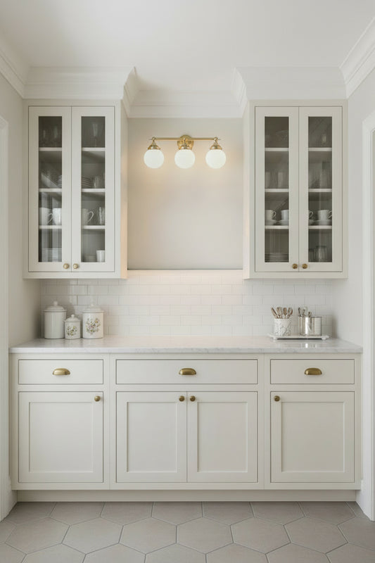 Three light wall light in gold with opal shades in a white kitchen