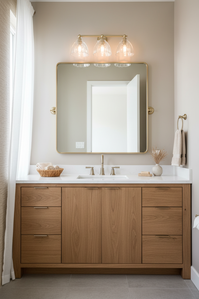 Triple wall sconce in gold/brass with scalloped edge, clear glass shades- in a country glam bathroom. 
