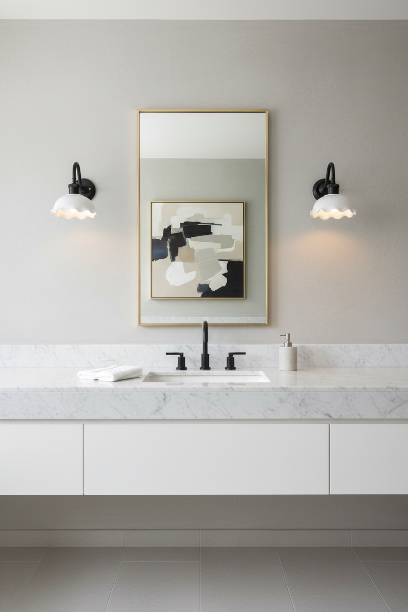 Ceramic shade in glossy whit on a mat blace wall sconce in a black and white bathroom. 