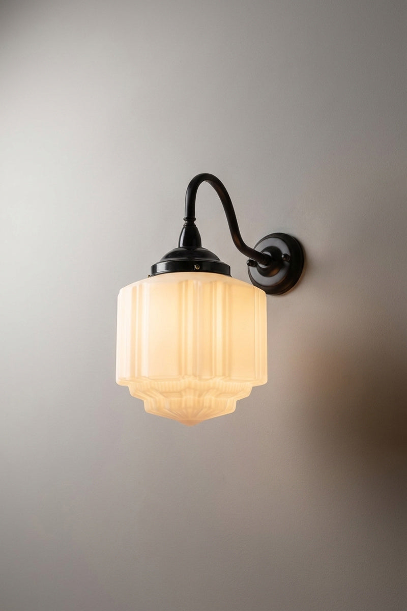 Opal Deco glass shade with stepped ribbed Art Deco detailing
