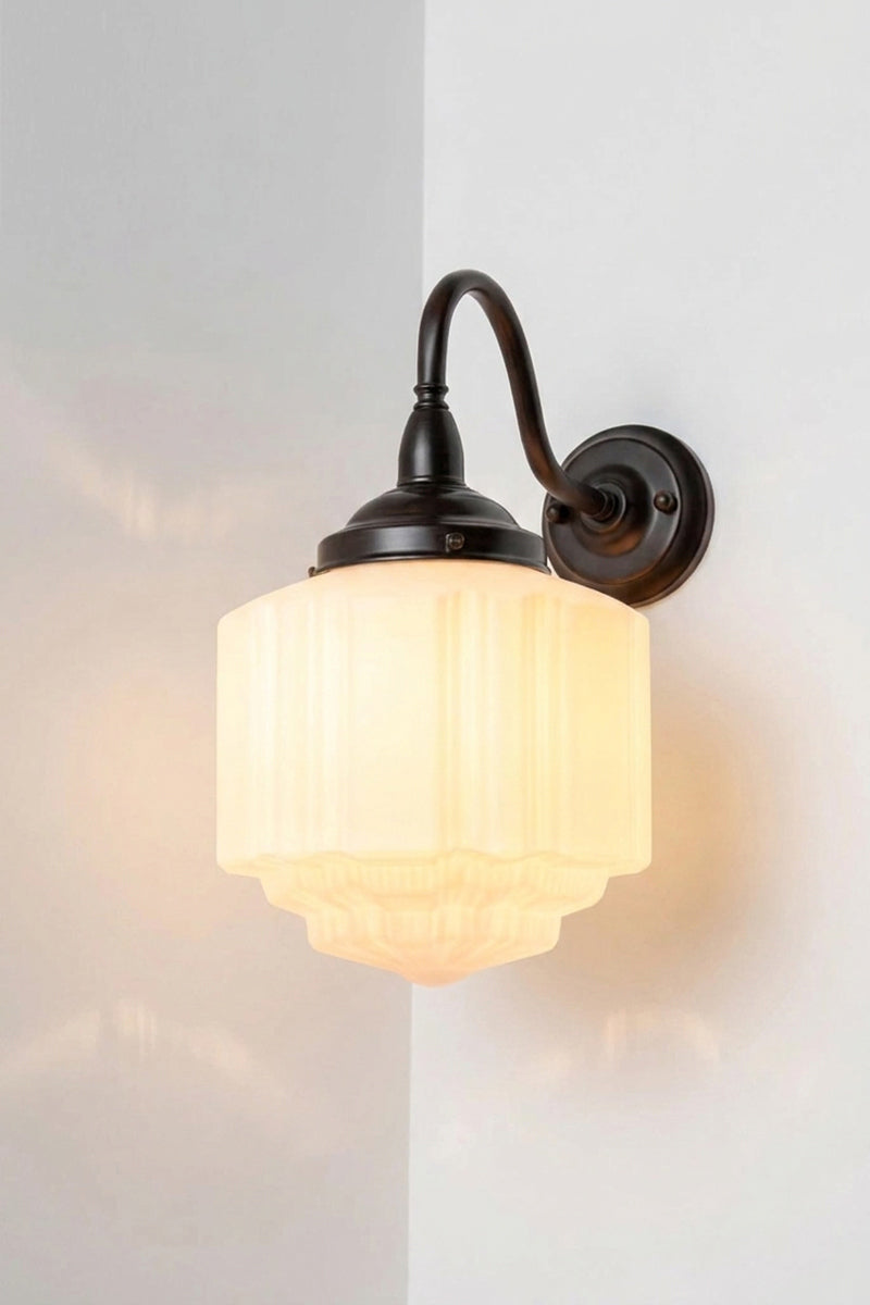 Deco Glass Exterior Wall Light showing Art Deco opal glass and black gooseneck fixture