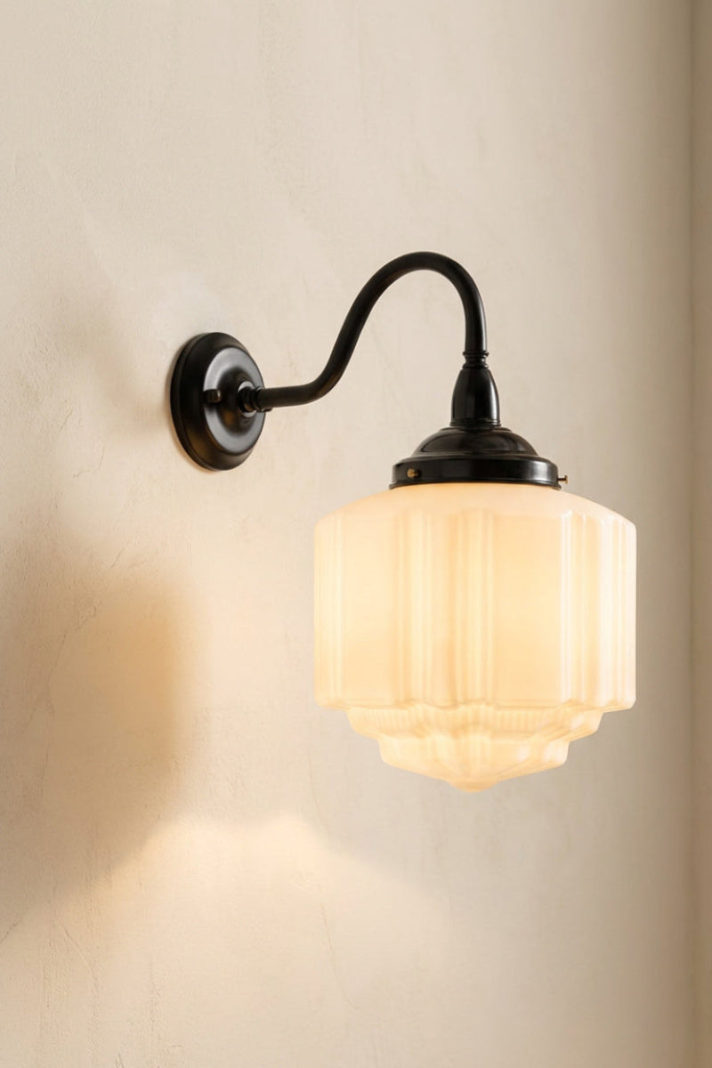 Illuminated Deco Glass Exterior Wall Light on curved black gooseneck arm