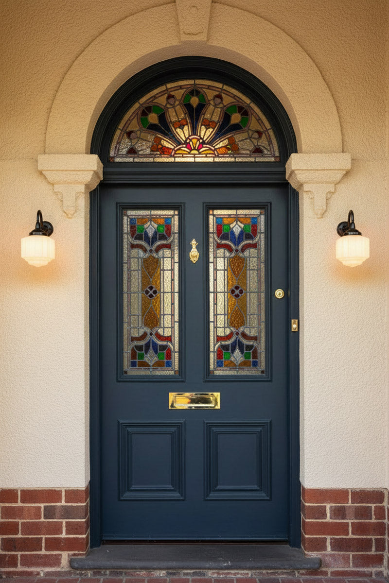 A dark navy blue double front door with decorative stained glass panels and two Deco opal shade on a black exterior gooseneck wall sconce shown at the front door of a heritage style house. 