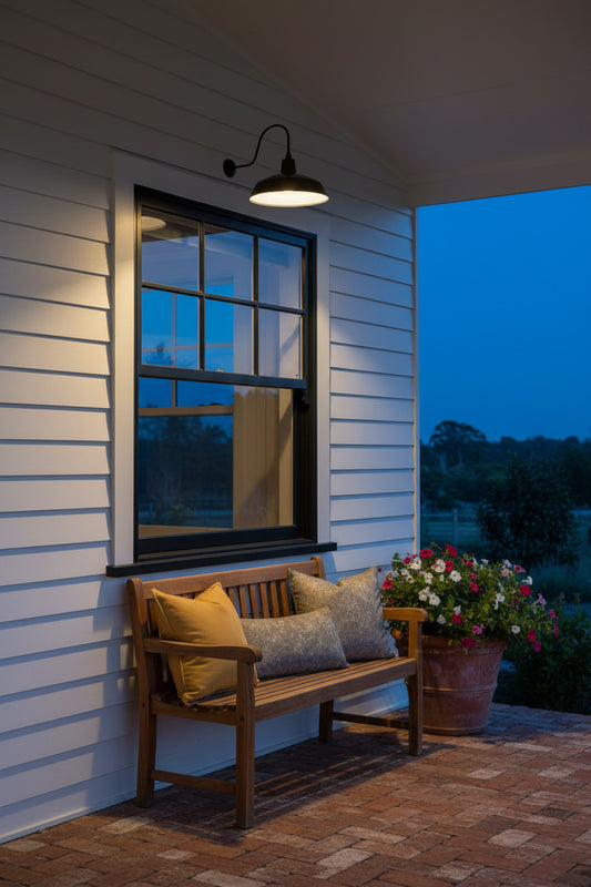 A black xl-outdoor wall sconce with a black shade is mounted on a white house exterior, casting warm light onto a wooden bench.