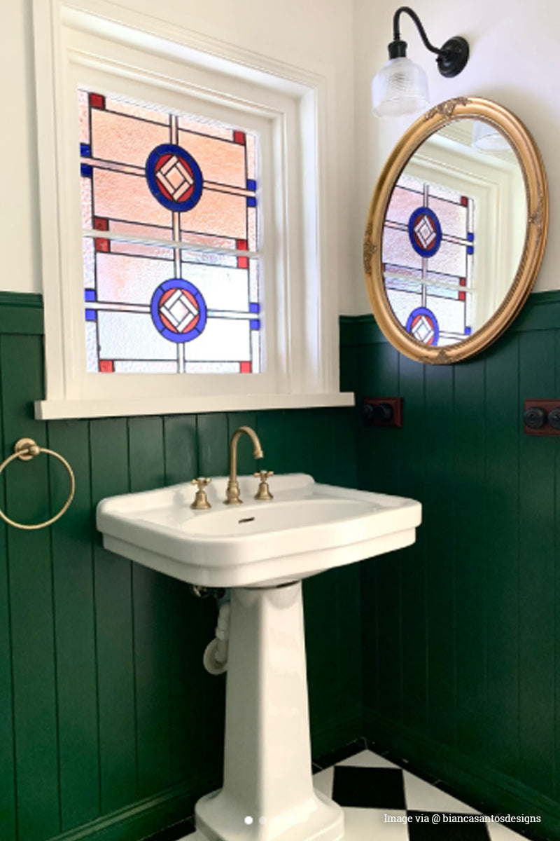 Gooseneck outdoor wall sconce in a heratige style bathroom. Image via @ biancasantosdesigns