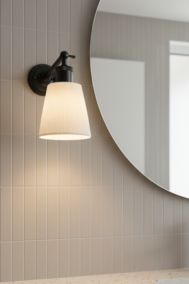Wall-mounted ceramic light fixture next to a round mirror on a tiled wall