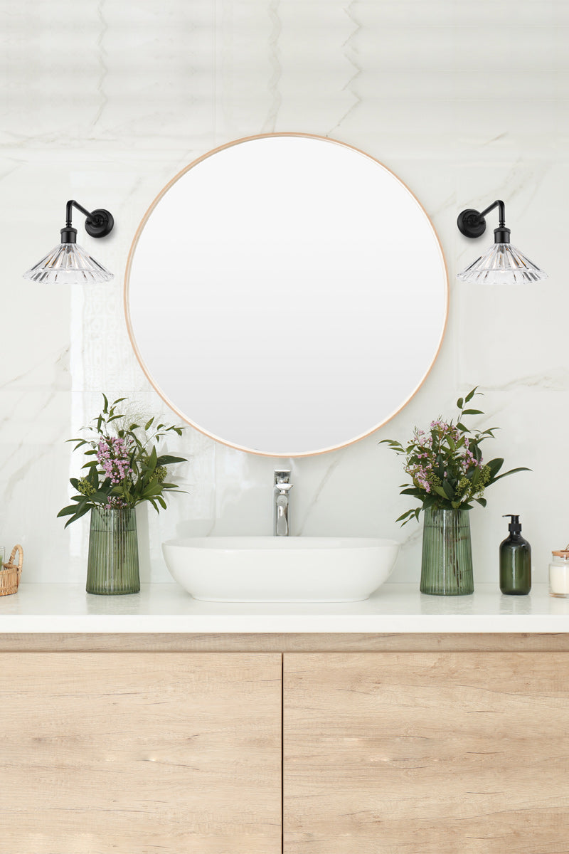 Paris shades on either side of the vanity