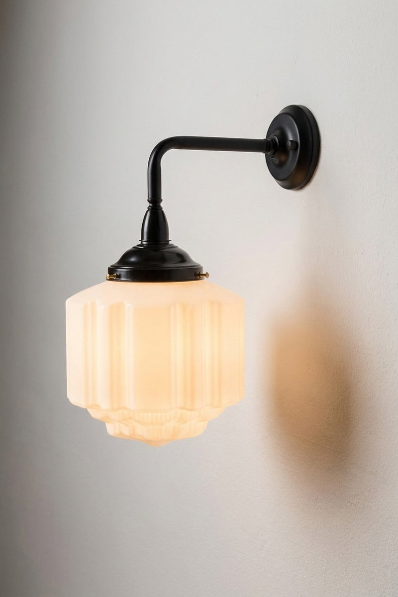 Deco Glass Exterior Wall Light with black 90 degree arm and opal glass shade