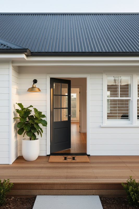 Warehouse exterior light with brass shade and black wall arm sconce on a weatherboard house. 