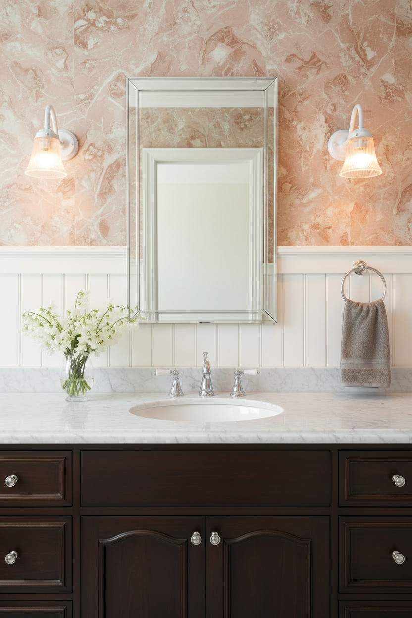 A bathroom vanity setup featuring a large rectangular mirror, white marble countertop and a pink marble-patterned wall with two flanking white all lights on either side