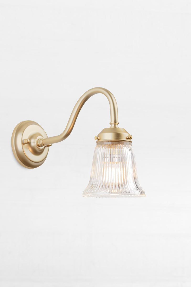 Golde/brass gooseneck wall sconce with integrated gallery and a small clear ribbed shade. 