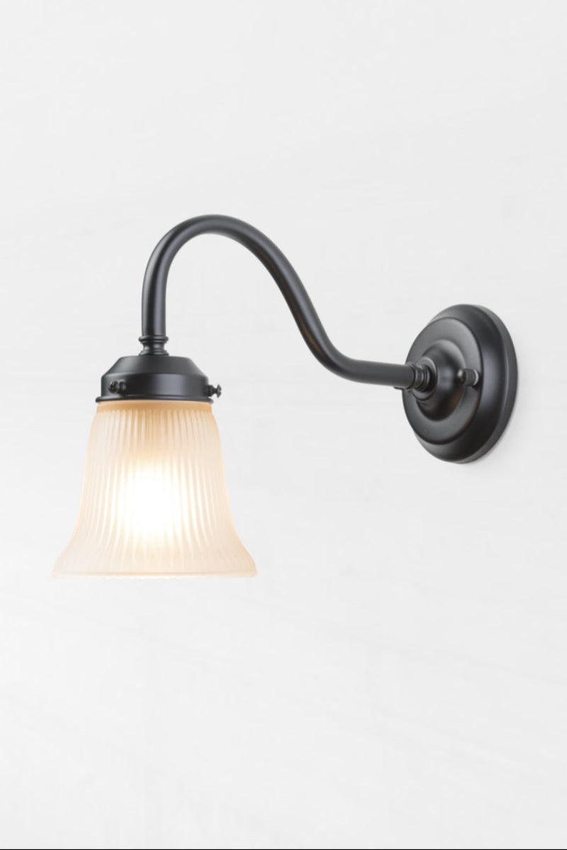 IP44 rated black gooseneck wall sconce with integrated gallery and a small opal ribbed glass  shade. 