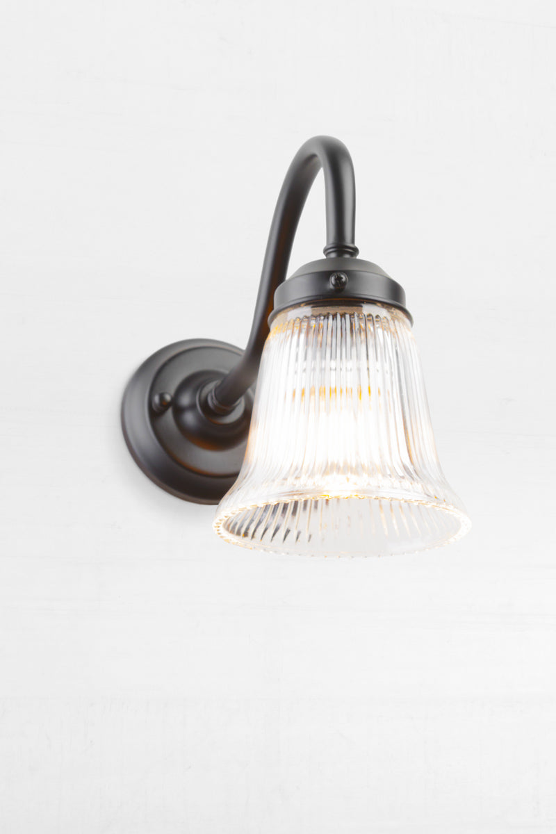 Black IP44 rated gooseneck wall sconce with integrated gallery and a small clear ribbed glass  shade. 