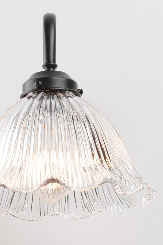 Close up of the  ribbed clear glass shade with frill edge on the black gooseneck outdoor wall light.