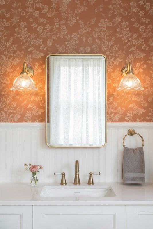 two gold brass wall lights flanking a vanity mirror