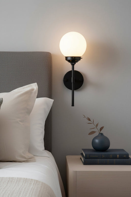 Black stem wall sconce wih opal glass shade as a bedside light.