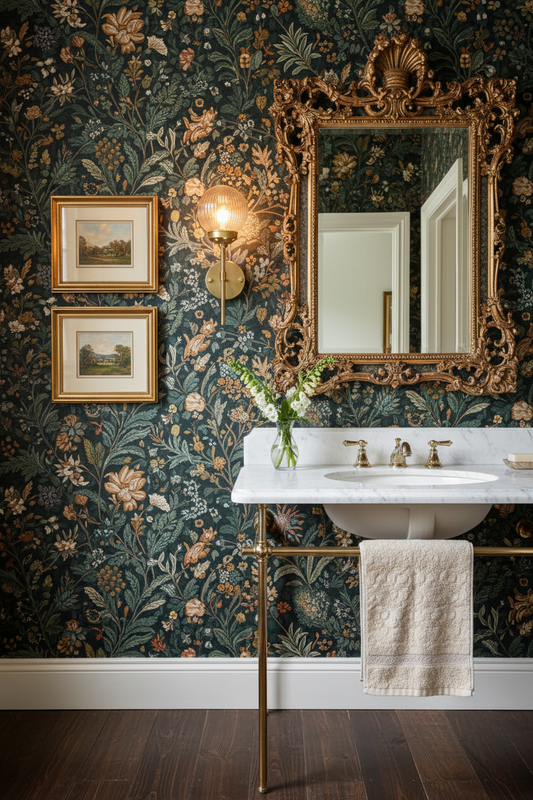 A styled bathroom interior featuring gold brass stem wall lights on a dark floral wallpaper with botanical and floral motifs in deep green, navy, beige, and rust tones. 
