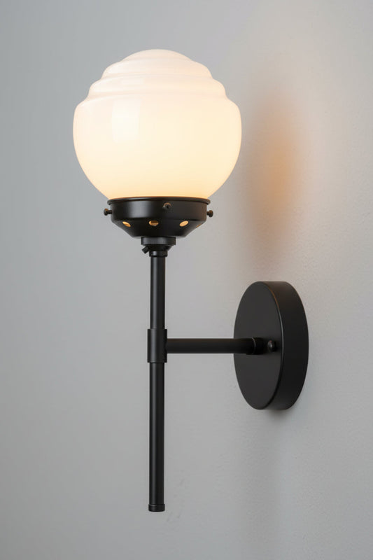 Side view of the opal glass shade on the black stem wall sonce
