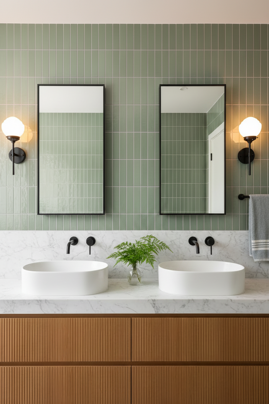 A modern double-sink bathroom vanity with two black wall lights on either side of the mirrors