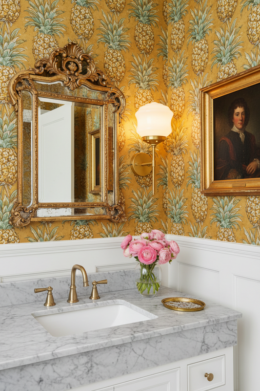 A bathroom vanity area with a gold brass wall light, a white marble sink countertop, brass faucet, white wainscoting, and a wall covered in yellow pineapple wallpaper.