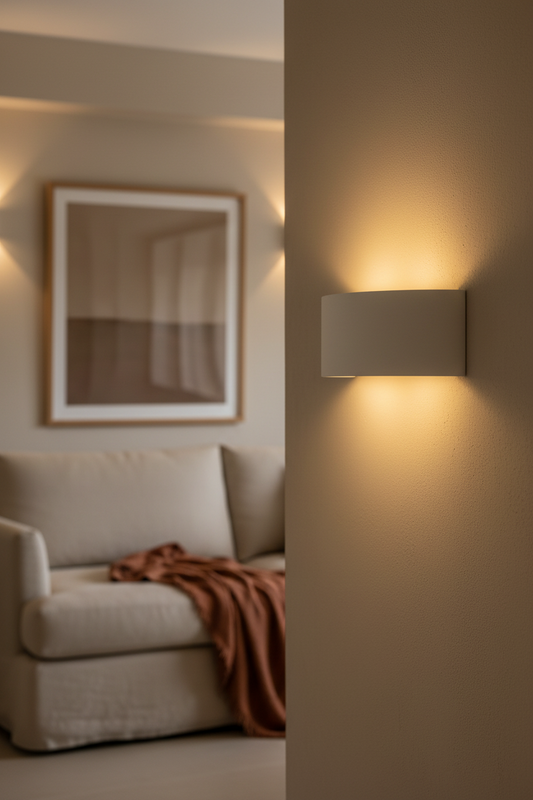 The curved plaster body hides its light source entirely, casting instead a soft wash up and down the wall.