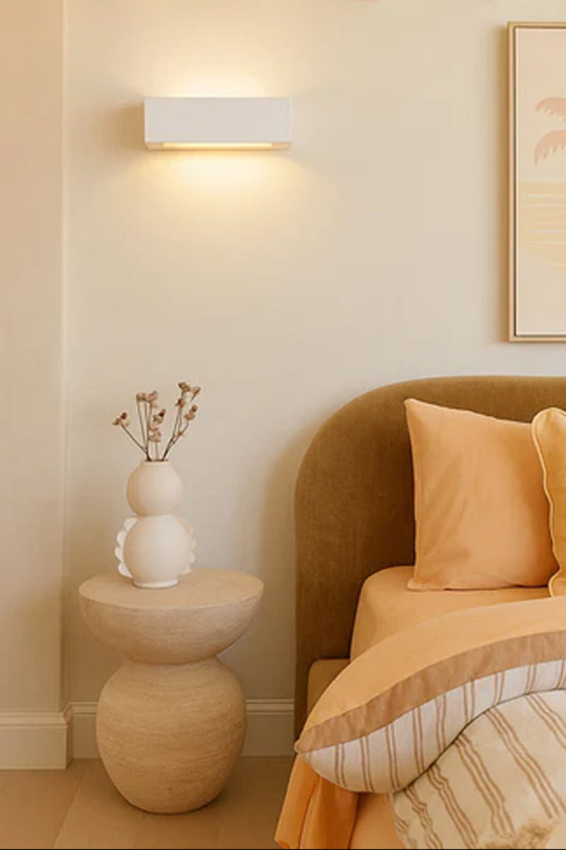 Collaroy Plaster Wall Sconce styled bedroom installation creating soft ambient wall lighting.